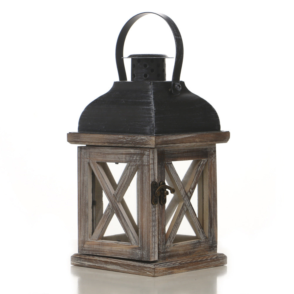 Antique-Style Glass Pane Window Lantern with Distressed Wood Frame and Vented Metal Roof Acalora
