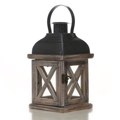 Antique-Style Glass Pane Window Lantern with Distressed Wood Frame and Vented Metal Roof Acalora