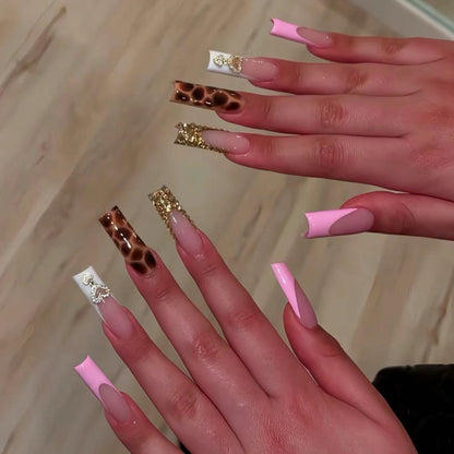 Glamorous Decorative Long Press-On Nails with Metallic Accents Acalora