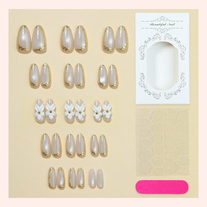Elegant Press-On Nail Art Set with Floral and Gold Accents Acalora