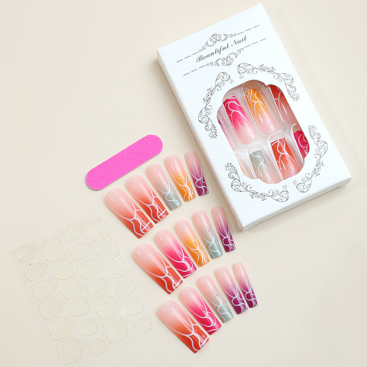 Artistic Press-On Nail Set with Gradient Swirl Designs Acalora