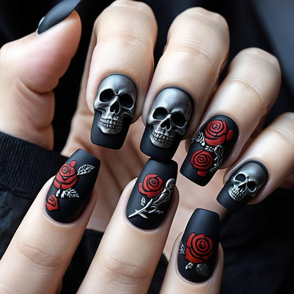 Gothic Skull and Rose Nail Art Acalora