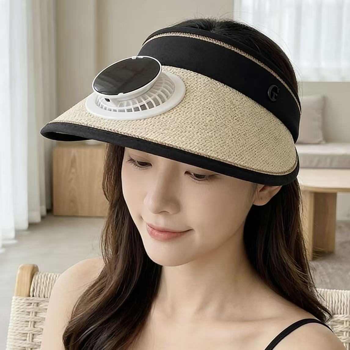 Foldable straw hat visor with integrated solar fan, adjustable neck strap, and breathable sweatband Bowlift