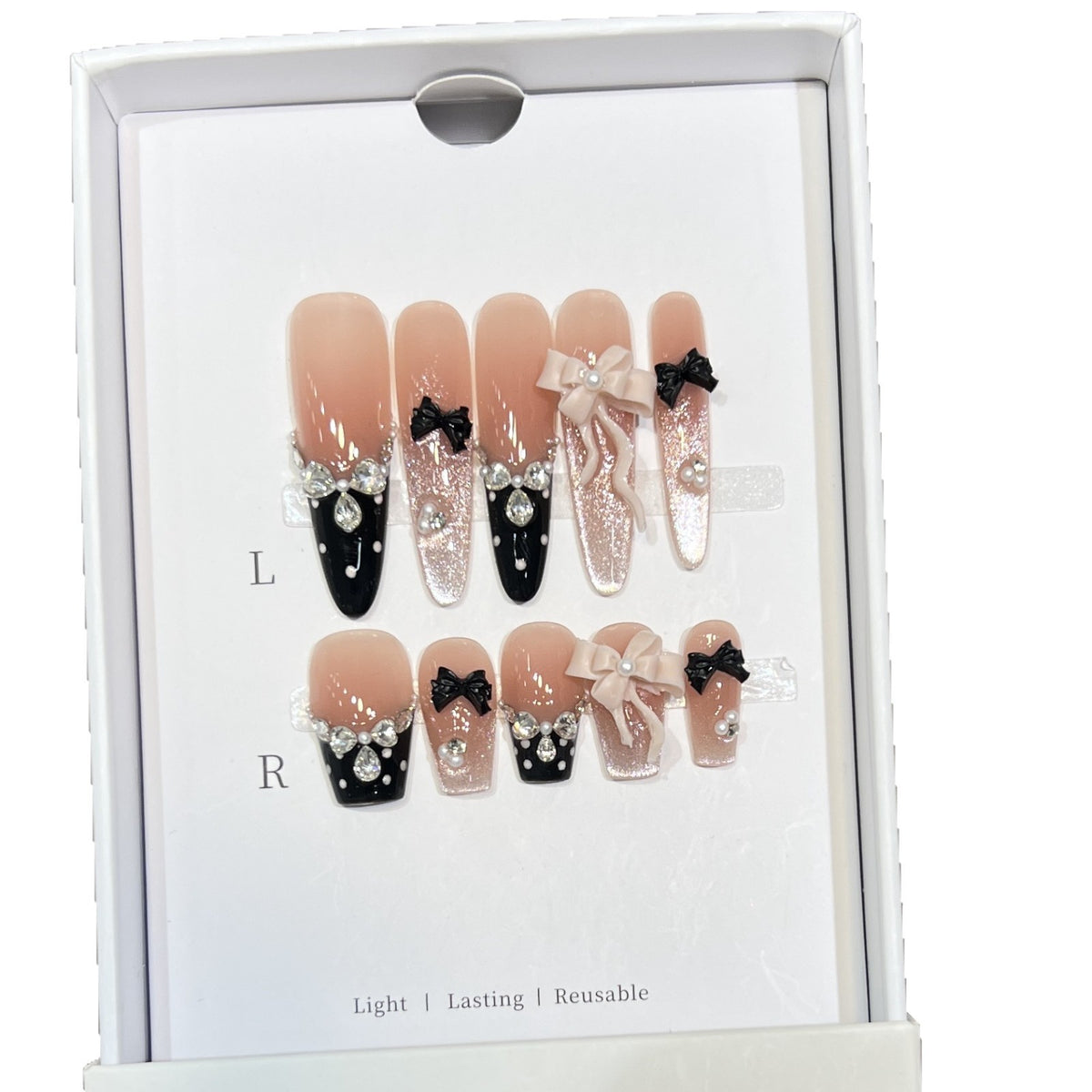 Glamorous Stiletto Press-On Nail Set with Decorative Bow and Gemstone Accents Acalora