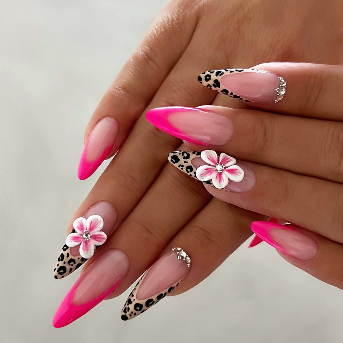 Floral and Leopard Print Press-On Nail Set Acalora