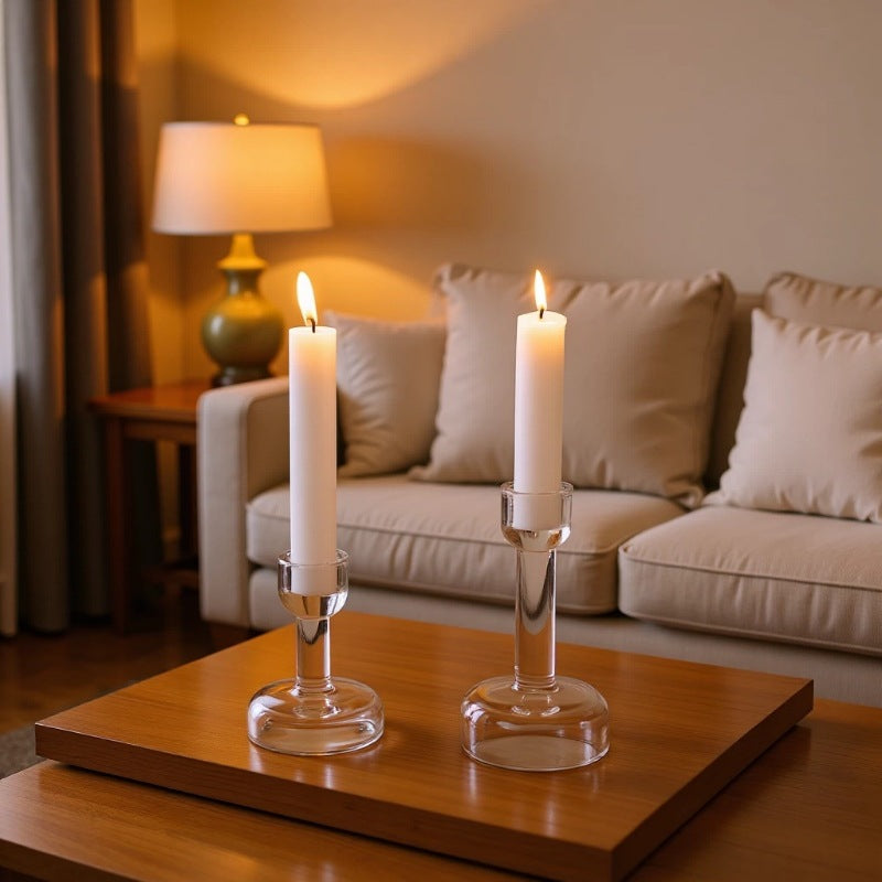 Minimalist Clear Glass Taper Candle Holder Pair with Weighted Base Acalora