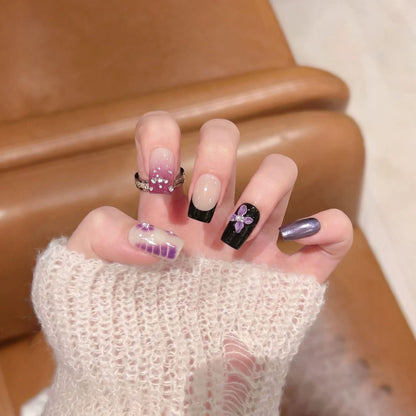 Decorative Press-On Nail Art Set with Floral and Gem Accents Acalora