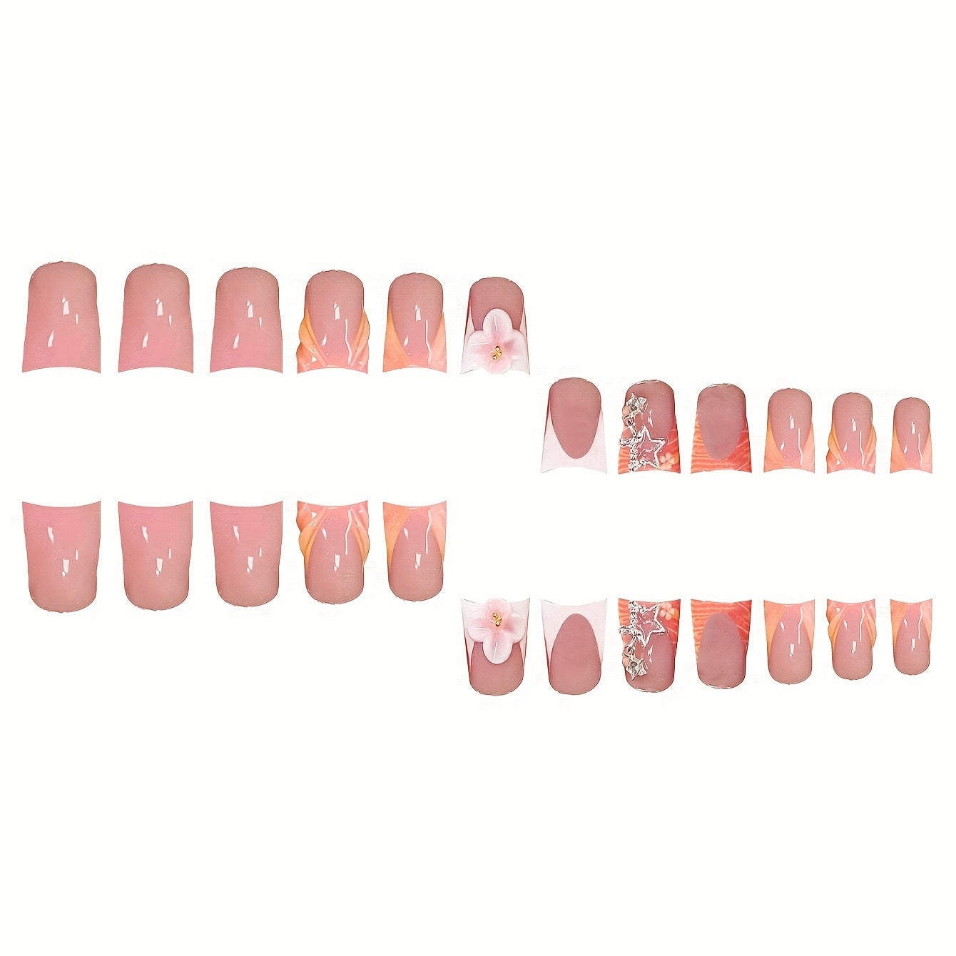 Artistic Press-On Nail Art Set with Floral and Gemstone Accents Acalora