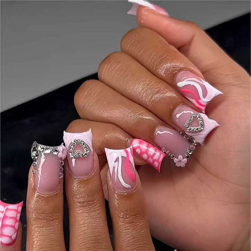 Decorative Press-On Nail Design with Heart and Gem Accents Acalora