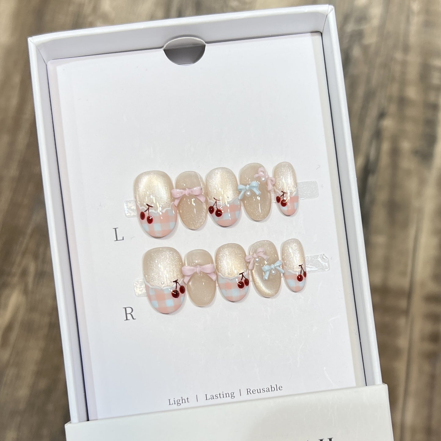 Decorative Press-On Nail Art Set with Charming Bow and Cherry Accents Acalora
