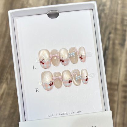 Decorative Press-On Nail Art Set with Charming Bow and Cherry Accents Acalora
