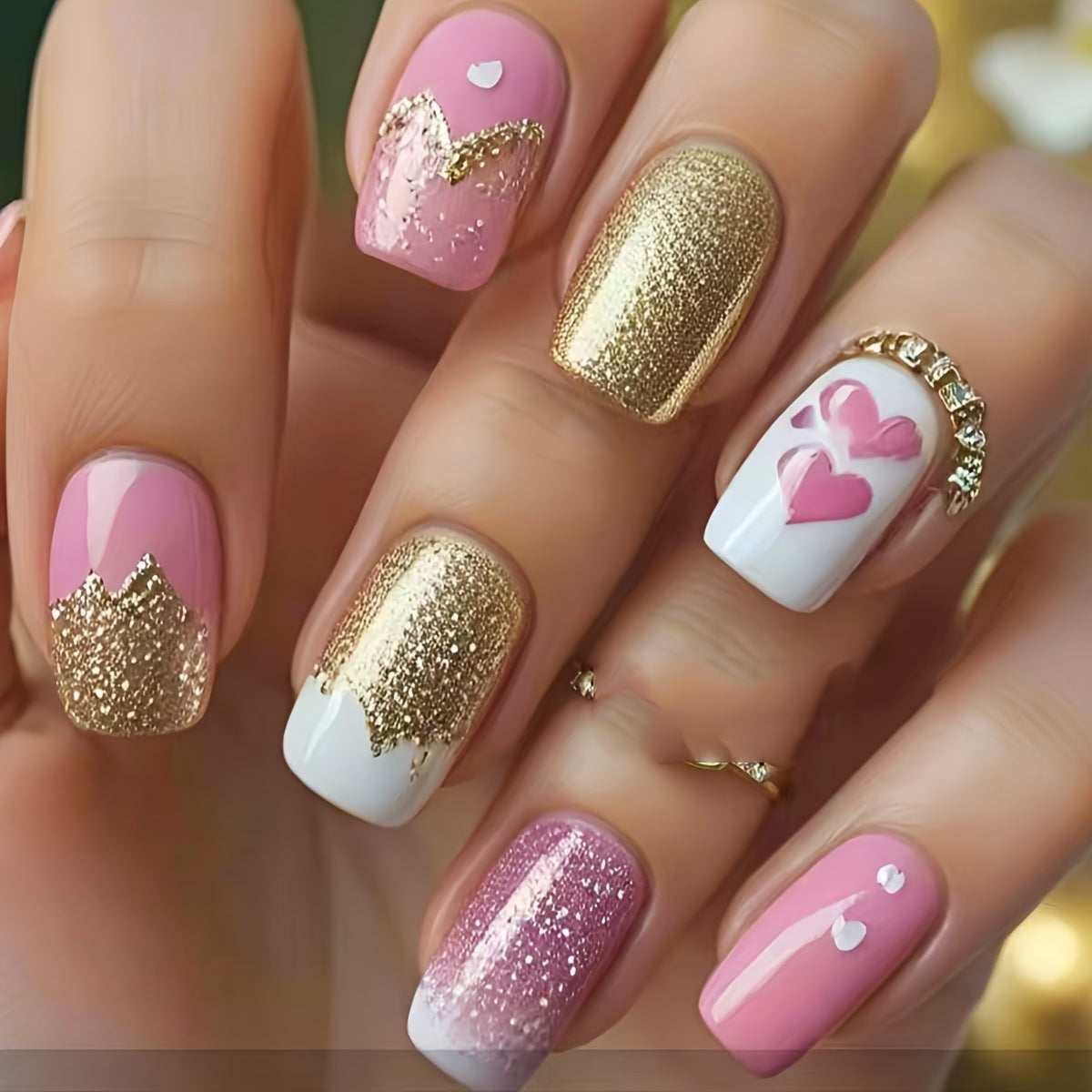 Glamorous Glitter and Heart Nail Art Acalora
