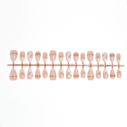 Artificial nail set with enchanting floral details and luxurious gold accents Acalora