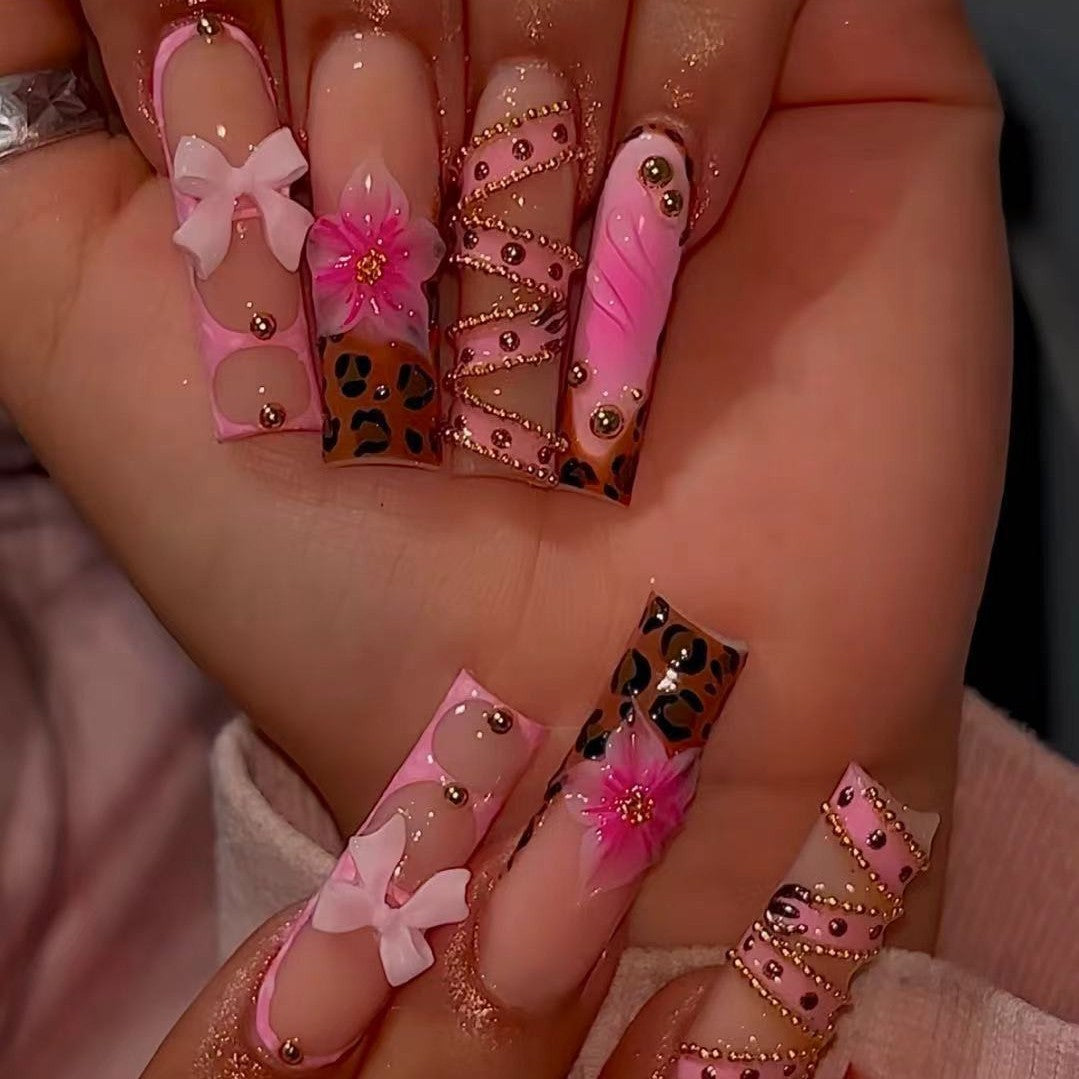 Decorative Stiletto Press-On Nails with 3D Floral and Bow Accents Acalora