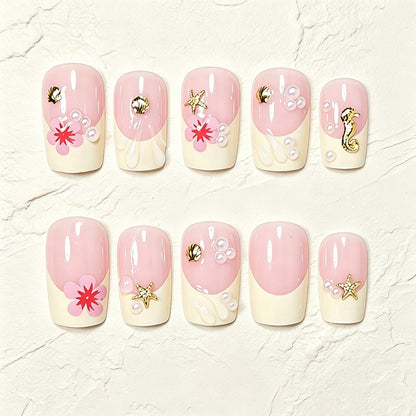 Tropical Shell and Flower Press-On Nail Art Acalora