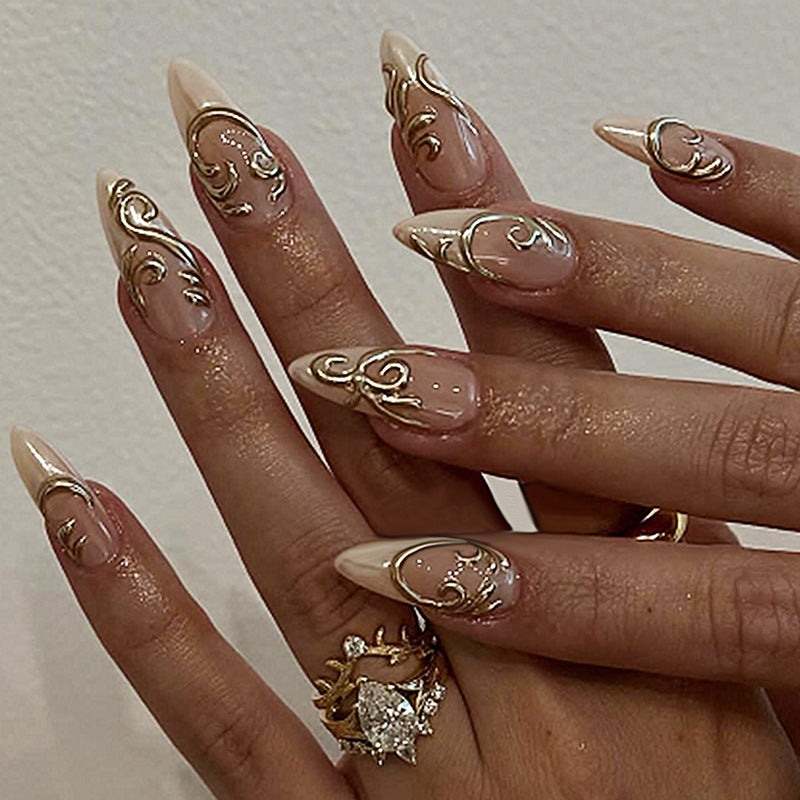Elegant Press-On Nail Art Set with Decorative Gold Accents Acalora