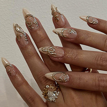 Elegant Press-On Nail Art Set with Decorative Gold Accents Acalora