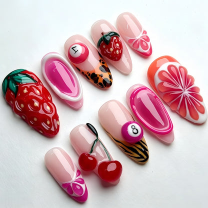 Artificial nails with fruity motifs andGloss finish Acalora