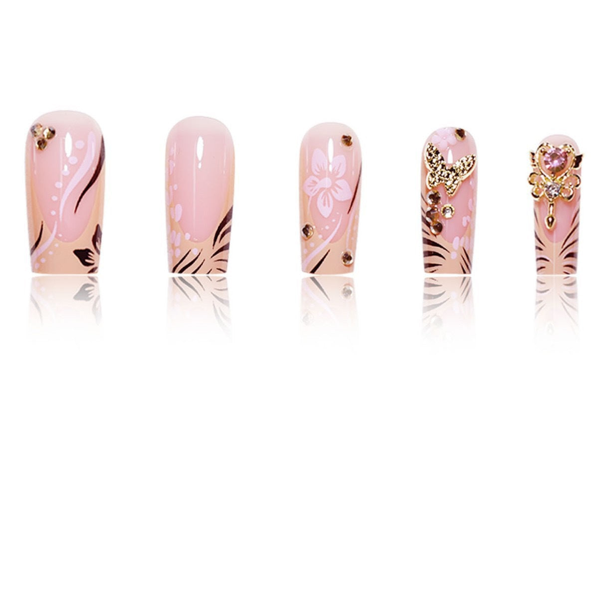 Artistic Press-On Nails with Floral and Gemstone Accents Acalora