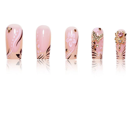 Artistic Press-On Nails with Floral and Gemstone Accents Acalora