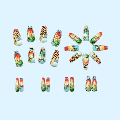 Artificial nail set with tropical drink motif and colorful accents Acalora