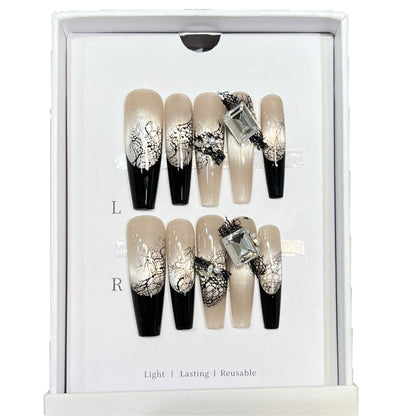Artistic Press-On Nail Set with Unique Lace and Gemstone Accents Acalora