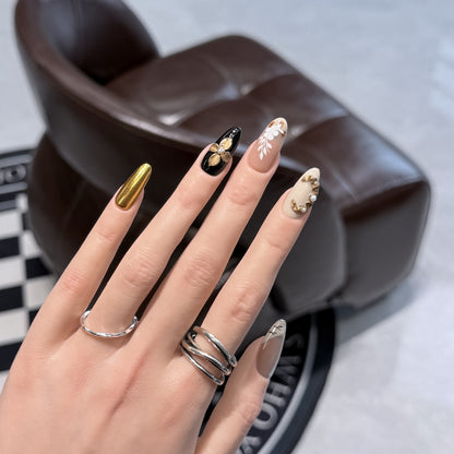Artistic Press-On Nail Set with Decorative Floral Elements Acalora