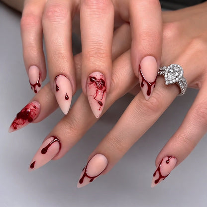 Artistic Press-On Nail Set with Blood Drip and Marble Design Acalora