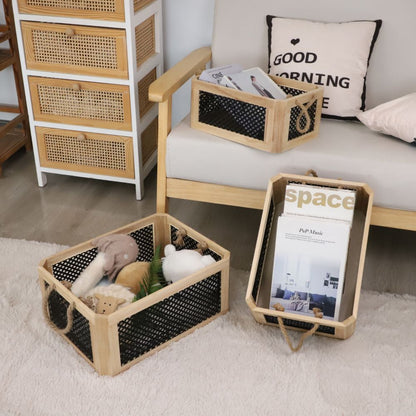 Open storage basket with natural fiber and raffia covering