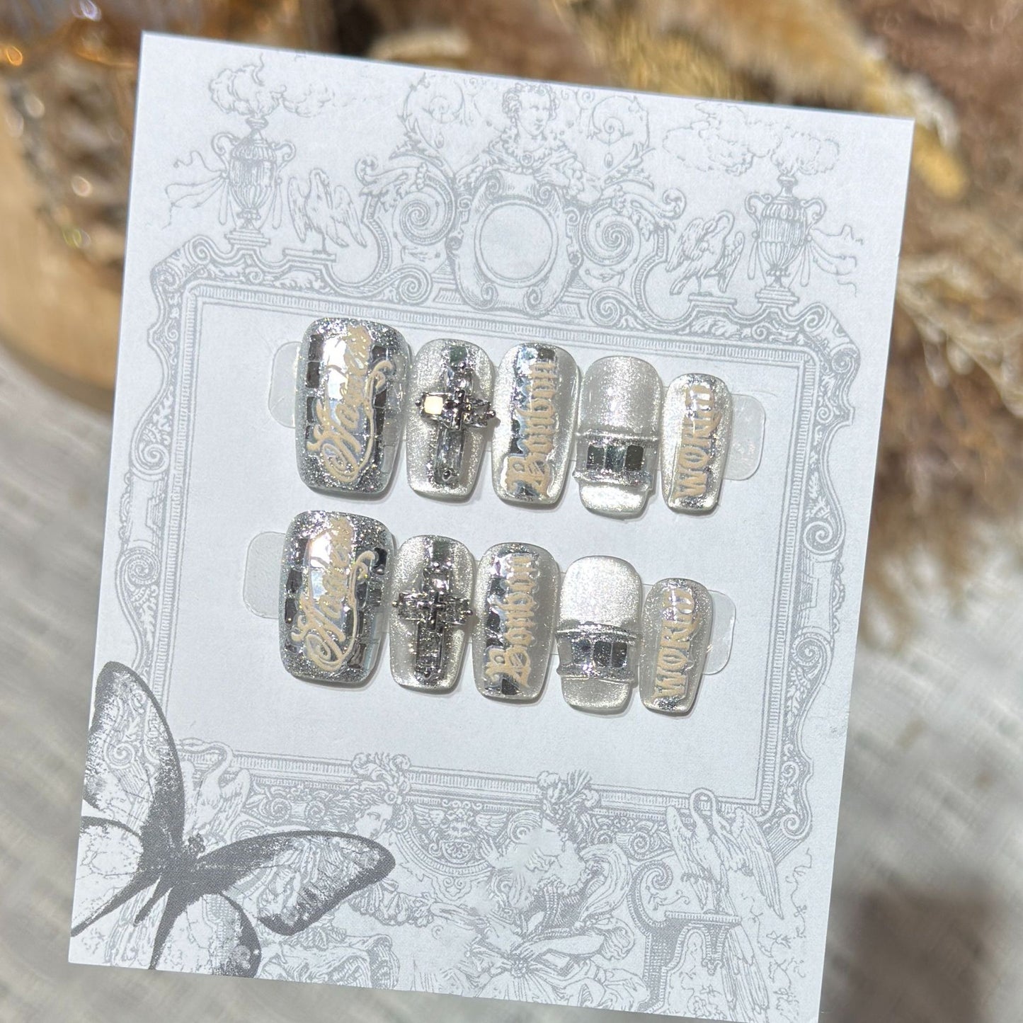 Metallic Press-On Nail Set with Decorative Silver Accents Acalora