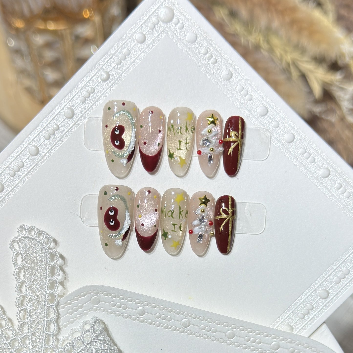 Festive Press-On Nail Art Set with Holiday Designs Acalora