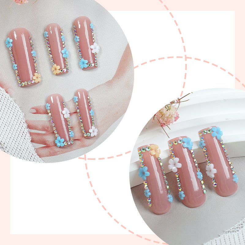Decorative Press-On Nail Set with Floral and Gemstone Accents Acalora