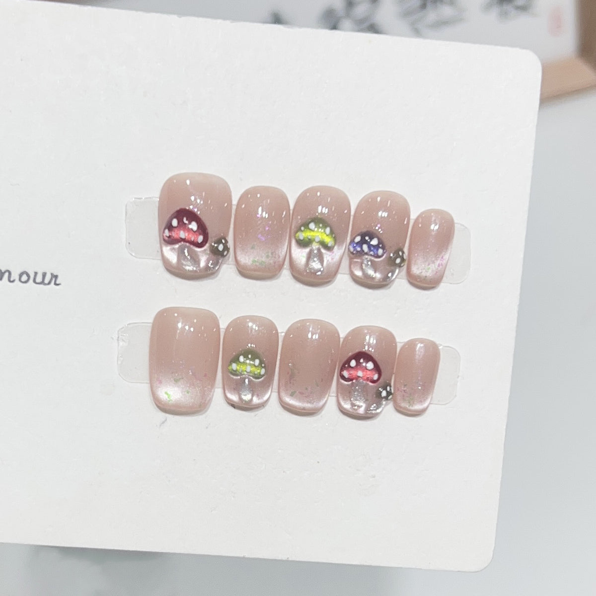 Artistic Press-On Nail Set with Playful Mushroom Designs Acalora
