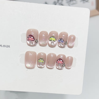 Artistic Press-On Nail Set with Playful Mushroom Designs Acalora