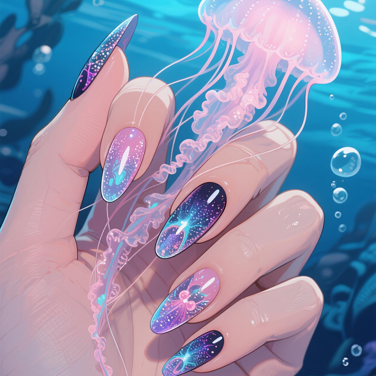 Artistic Jellyfish-Inspired Nail Art Acalora