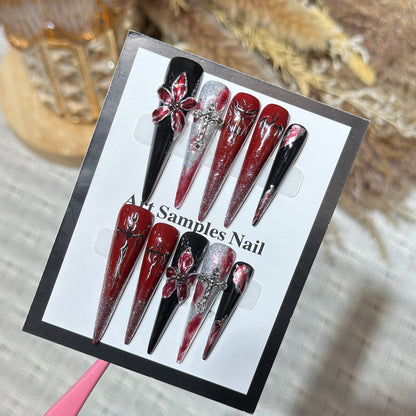 Artistic Stiletto Press-On Nail Set with Unique Gothic Design Elements Acalora