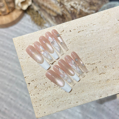 Elegant Press-On Nail Set with Floral and Gemstone Accents Acalora