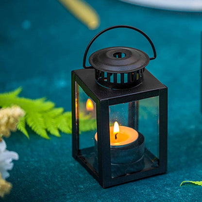 Mini Metal Tea Light Lantern with Glass Panels and Foldable Carry Handle Acalora