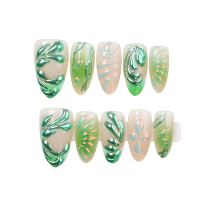 Artistic Press-On Nail Set with Leaf Design Acalora