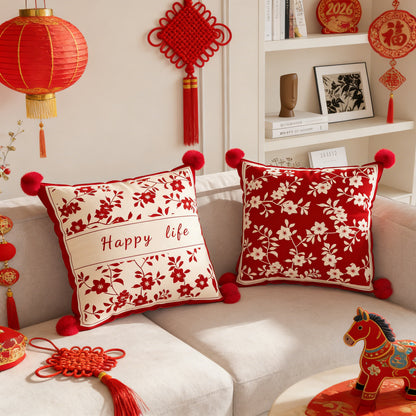 Decorative Floral Pom-Pom Throw Pillow