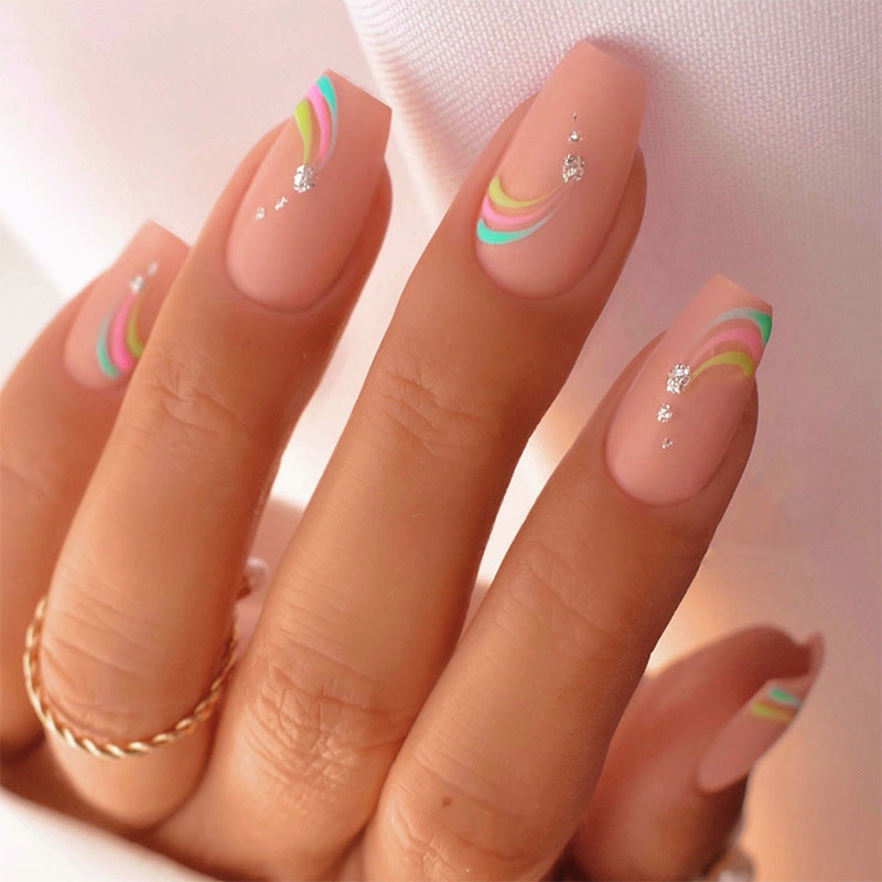 Artistic Press-On Nail Set with Colorful Wave Patterns Acalora