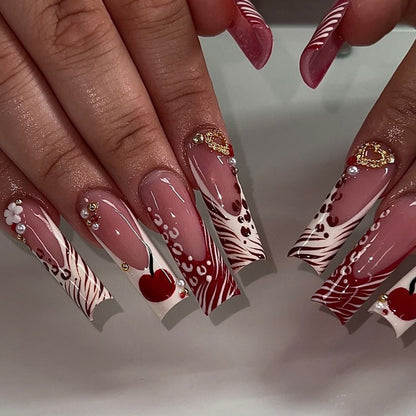 Decorative Long Press-On Nail Art with Gem Accents Acalora