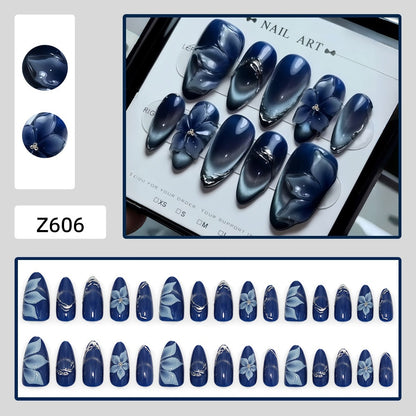 Acrylic Nail Set with Elegant Blue Ombre and Floral Design Acalora
