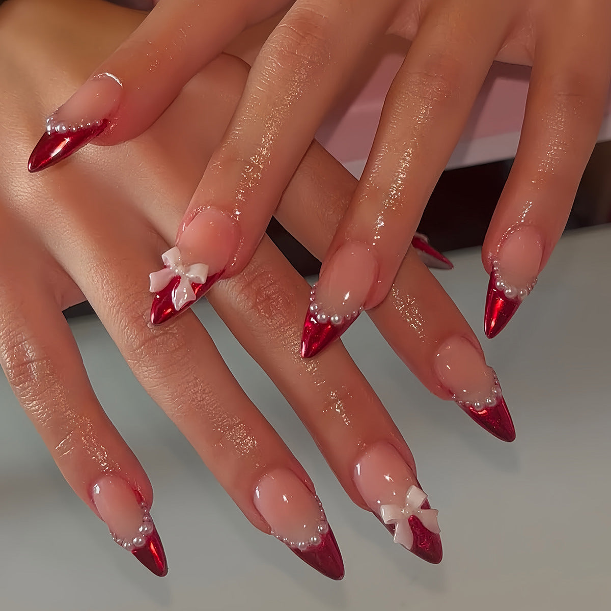 Decorative Stiletto Press-On Nails with Pearls and Bow Accents Acalora