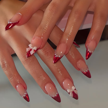 Decorative Stiletto Press-On Nails with Pearls and Bow Accents Acalora