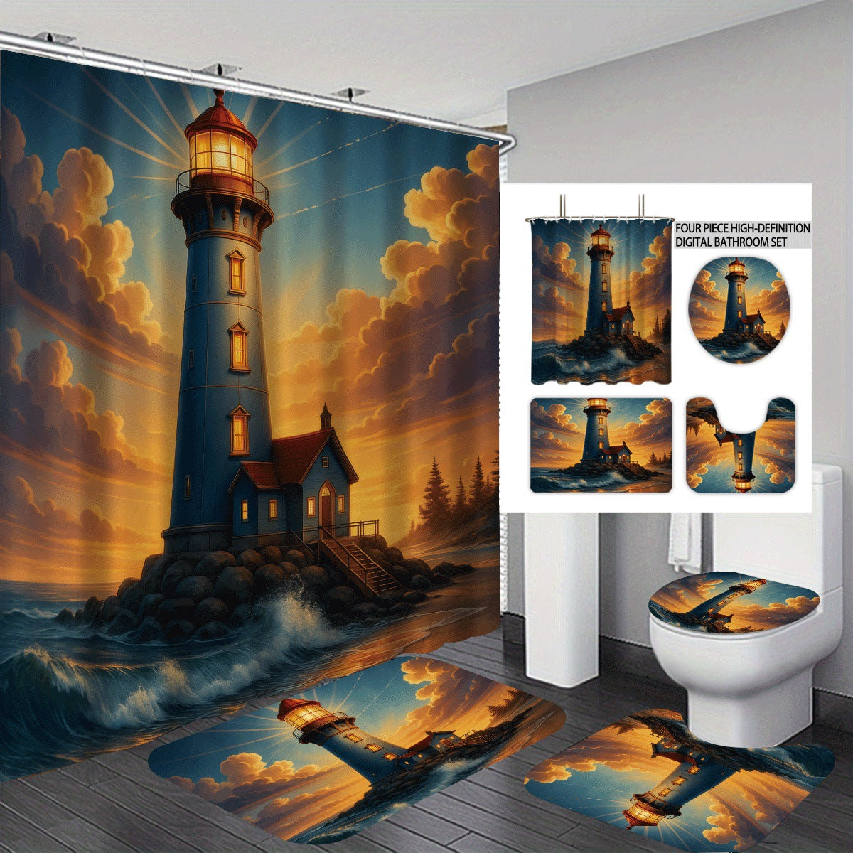 Coastal Lighthouse-Themed Four-Piece Bathroom Set