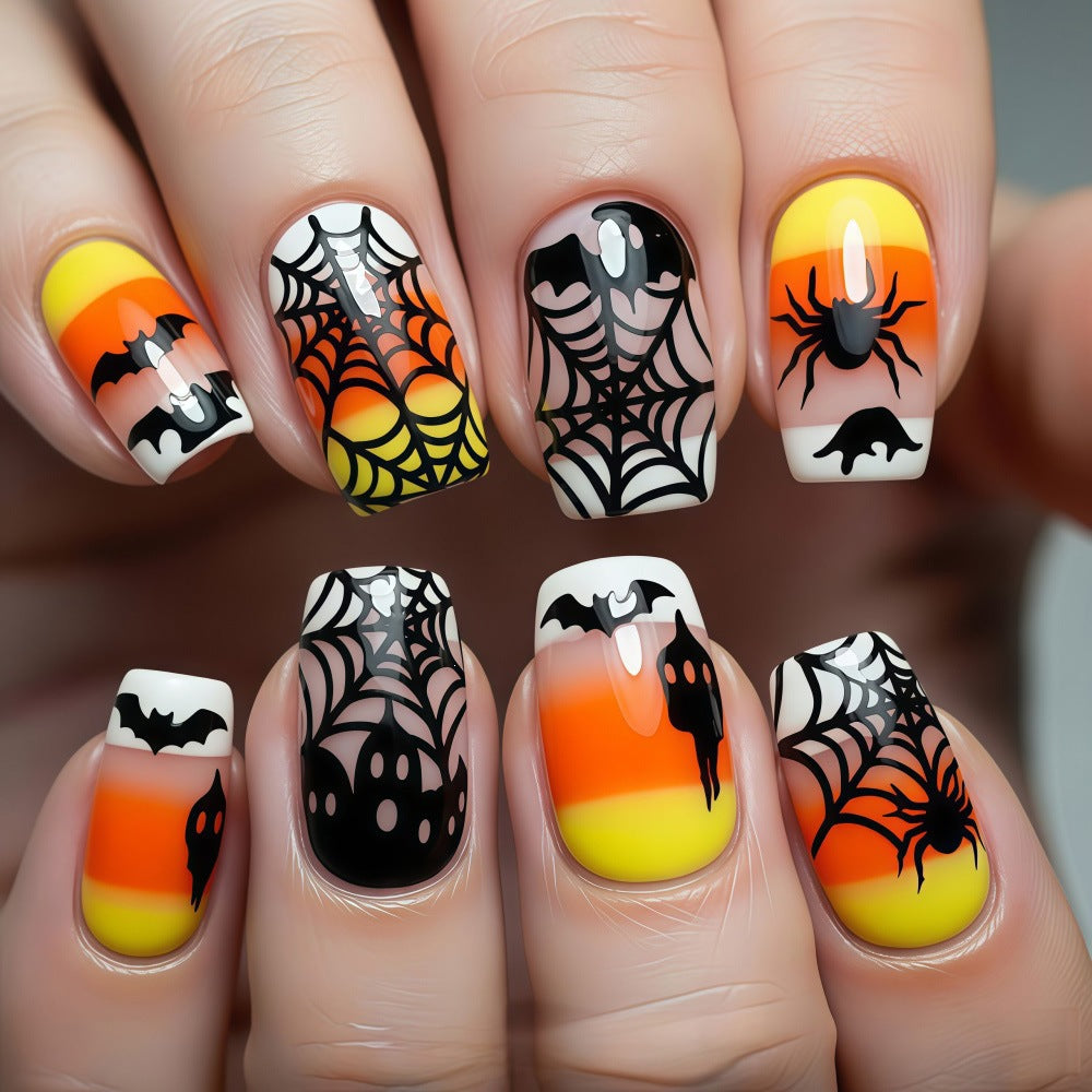 Creative Halloween-style artificial nails with spider and bat designs Acalora