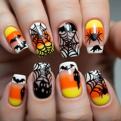 Creative Halloween-style artificial nails with spider and bat designs Acalora