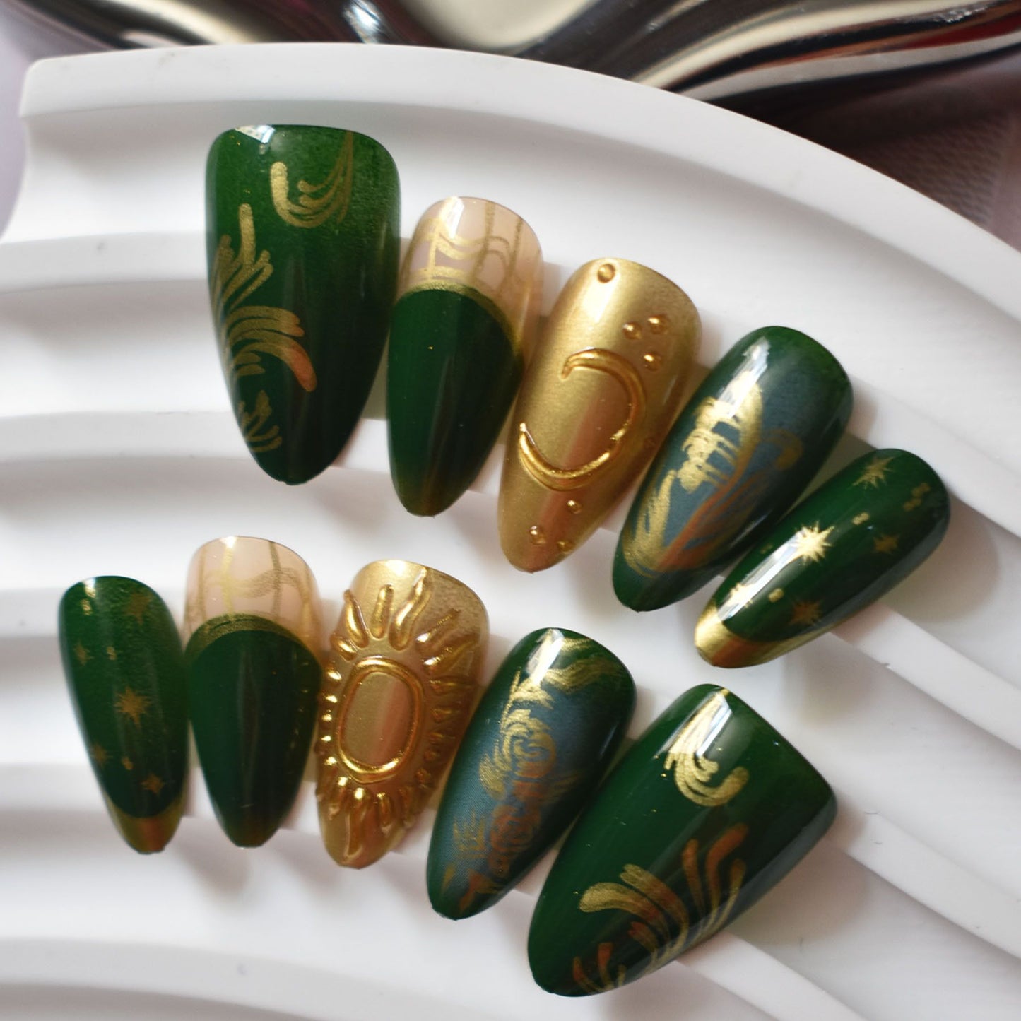 Artistic Press-On Nail Art Set with Celestial and Floral Designs Acalora