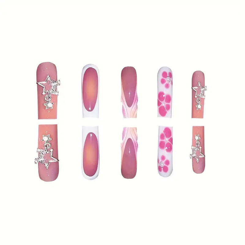 Decorative Floral and Star Press-On Nail Art Acalora